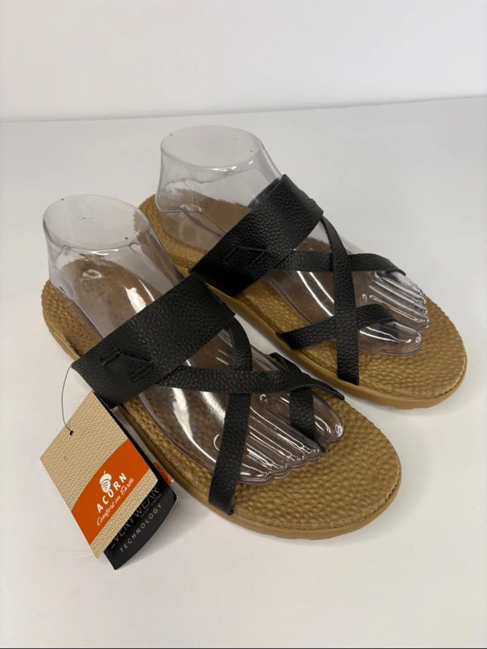 NWT Acorn Black Leather Crisscross Strap Slide Sandals